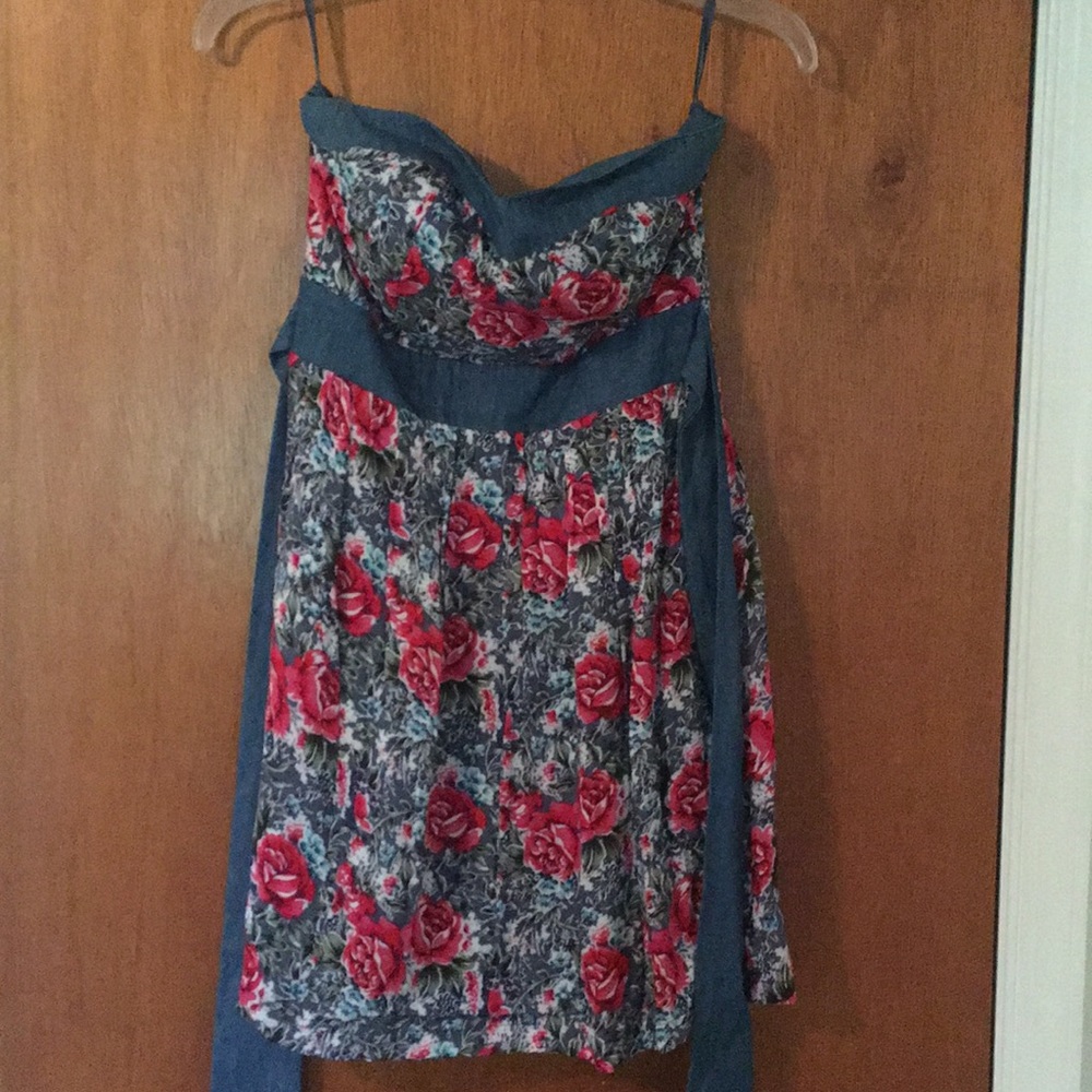 Floral strapless with denim accents